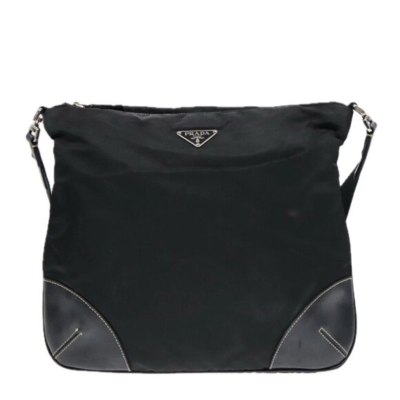 PRADA Shoulder Bag Nylon Leather Black Silver Auth 91835 - Picture 1 of 16